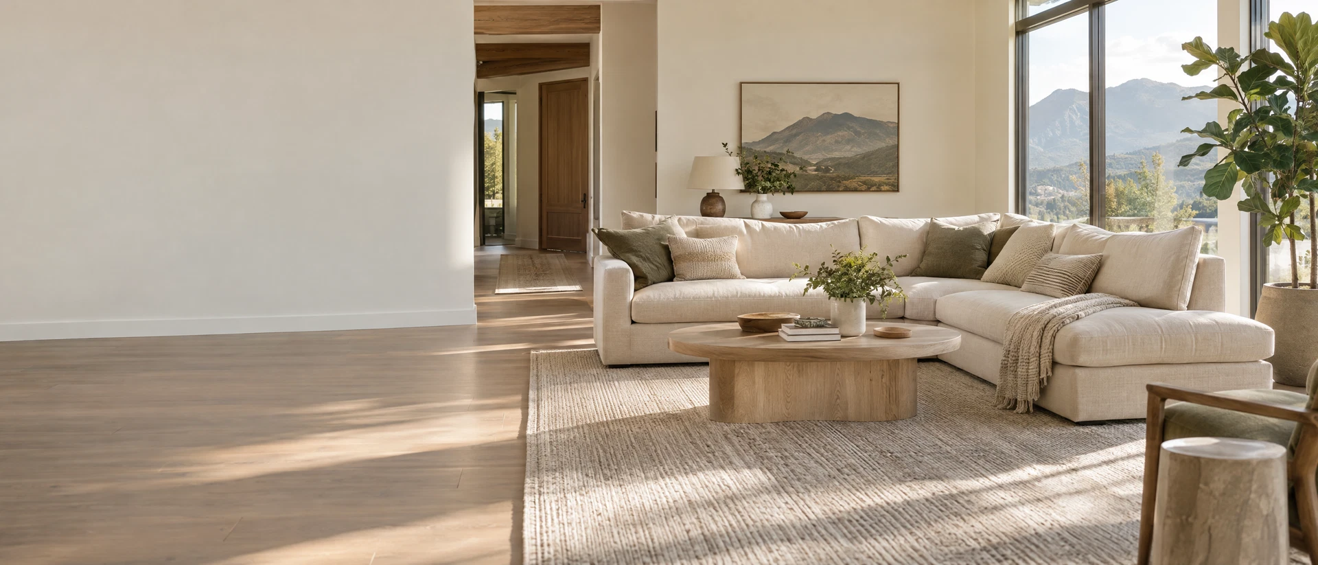 An airy, freshly cleaned living room with natural light and warm neutral furnishings